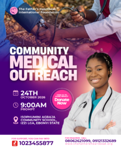 Community medical outreach at Isophumini Agbaja Community School, Izzi LGA, Ebonyi State on the 24th of October 2026.